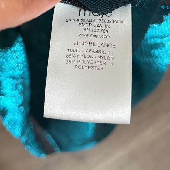 Maje metallic teal green T-shirt semi sheer size 1 - Picture 3 of 3